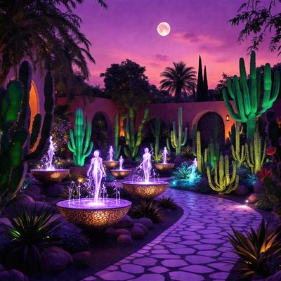 The image features a beautiful garden with a purple moonlit atmosphere. The primary subject is a group of statues, including a woman, that are placed throughout the garden. The setting is a lush green garden with a variety of cacti and palm trees. The visual style is a combination of photo and digital art, creating a unique and captivating scene. The colors and mood are predominantly purple, with the moonlight adding a serene and enchanting touch to the garden.
